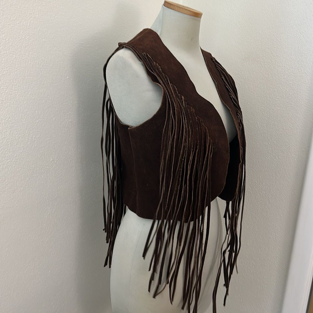 Brown leather fringe vintage western vest medium m